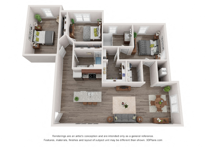 Floor plan for 3 beds, 2 baths, 1381 sqft